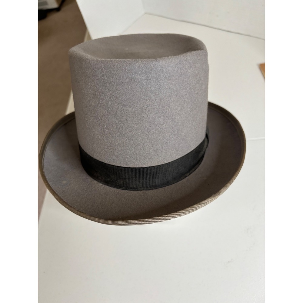 Vintage Planar-Merino Grey Wool Top Hat Black Ribbon Band Leather Sweatband